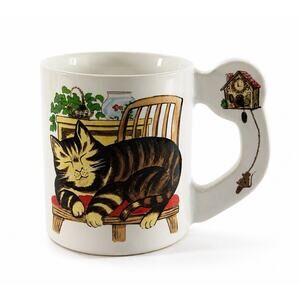Vintage Cat Coffee Mug Cuckoo Clock Handle 3.25” Tall Whimsical Ceramic Cup